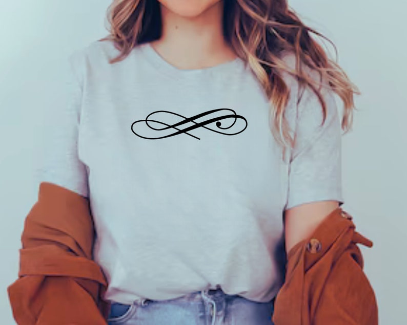 May include: A white t-shirt with a black infinity symbol design.