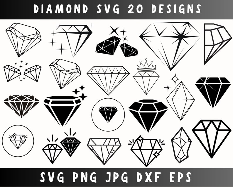 May include: A set of 20 black and white diamond SVG designs. The diamonds are in various styles, including simple, geometric, and ornate. The designs are perfect for use in crafting, scrapbooking, and other creative projects.