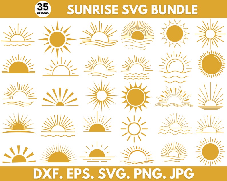 May include: A set of 35 sunrise SVG designs in a variety of styles, including simple outlines, detailed illustrations, and sunbursts. The designs are perfect for use in crafting projects, digital design, and more.