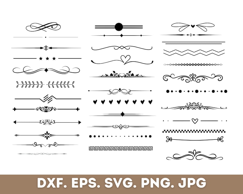 May include: A set of 20 black and white decorative divider lines. The dividers include hearts, stars, dots, swirls, and geometric patterns.