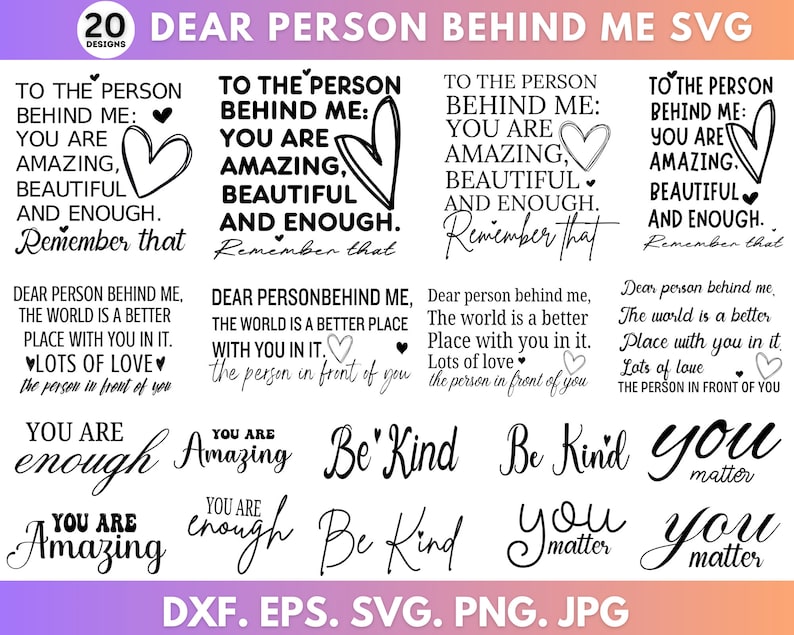 K&ouml;nnte beinhalten: Ein Set mit 20 Schwarzwei&szlig;-SVG-Designs mit inspirierenden Zitaten &uuml;ber Freundlichkeit, Selbstliebe und Wertsch&auml;tzung. Die Zitate beinhalten "An die Person hinter mir: Du bist gro&szlig;artig, sch&ouml;n und genug. Denk daran", "Du bist genug", "Du bist gro&szlig;artig", "Sei freundlich", und "Du z&auml;hlst".