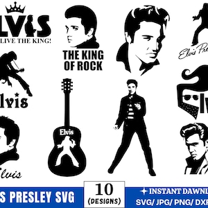 May include: A set of 10 black and white SVG cut files featuring various images of Elvis Presley, including his silhouette, a guitar with his name on it, and the text "Elvis Presley" and "The King of Rock".