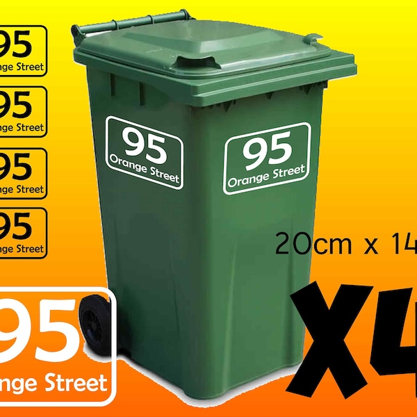 Custom Wheelie Bin Stickers | House Number & Address | Waterproof Vinyl Decals | Set of 4 | A5 Size