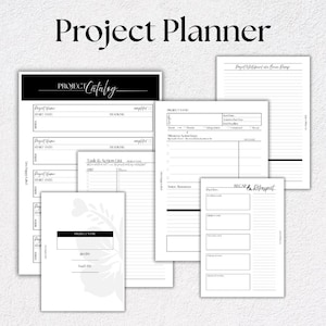 May include: A collection of white project planner pages with black text. The pages include sections for project names, start dates, deadlines, and task lists. The words "Project Planner" and "Project Catalog" are visible.
