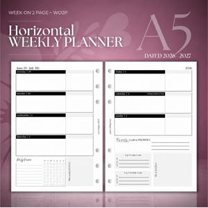 May include: An A5 horizontal weekly planner insert for 2026-2027. The two-page layout features black headers for Monday through Sunday, a daily tracker, goal sections, and priorities. The text reads Horizontal WEEKLY PLANNER, WO2P, and A5.