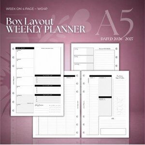 May include: A5 dated 2026-2027 weekly planner inserts with a box layout. The white paper pages feature black text, grid sections, and punch holes for binding. The text reads Week on 4 Page, Box Layout Weekly Planner, Dated 2026-2027.