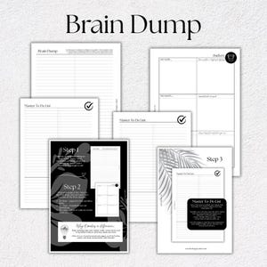 May include: A collection of white paper sheets with the text "Brain Dump" and "Master To Do List" printed on them. Some sheets have checklists and sections for notes. The image also includes text that says "Step 1", "Step 2", and "Step 3".