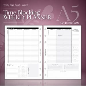 May include: An A5 time blocking weekly planner for 2026-2027 featuring a two-page layout. The white pages include black text, daily columns, a tracker, and goal sections. The header displays "WEEK ON 2 PAGE - WO2P" and "Time Blocking WEEKLY PLANNER".
