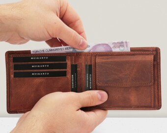 Genuine Leather Bifold Slim Men's Wallet | Personalized Cash Envelopes and Coin Pocket Wallet | Removable Minimalist Card Holder | MESKANTO