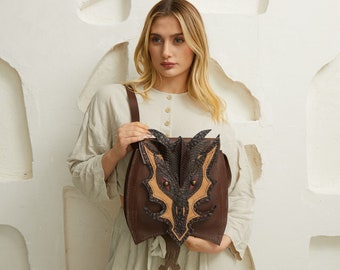 Dragon Head Leather Messenger Bag | Leather Goth Purse for Dragon | Leather Dragon Purse for Renaissance Fair Cosplay Costume | Medieval Age