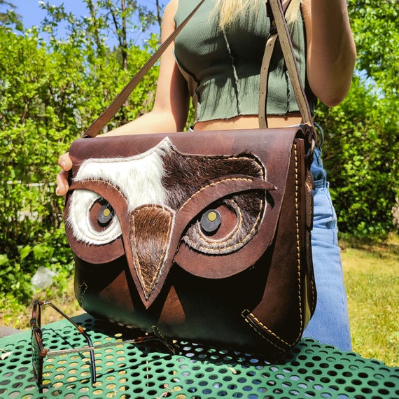 Leather Messenger Bag School With Owl Figured Handmade Brown