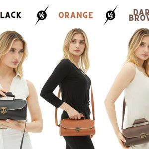 The crossbody bag is made of full grain leather and comes in black, orange, dark brown colors.