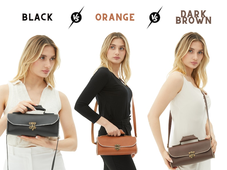 The crossbody bag is made of full grain leather and comes in black, orange, dark brown colors.
