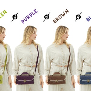 The crossbody bag is made of crazy horse leather and comes in green, purple, brown and blue colors.