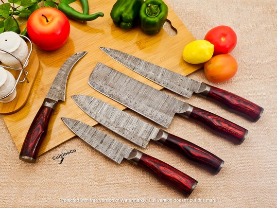 Damascus Chef Knife Set, Damascus Knife Set 5pcs With Leather Sheath, Gift  for Him, Best Christmas Gift, Gift for Men 