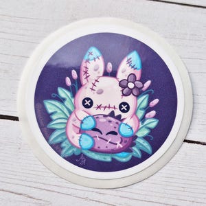 Creepy Purple  Zombie Patchwork Bunny Glossy Vinyl Sticker, Easy Peel Water Resistant