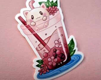 Kawaii Kitty Boba Milk Tea Vinyl Sticker - Pink Cherry Blossom Hand Drawn 3 inches