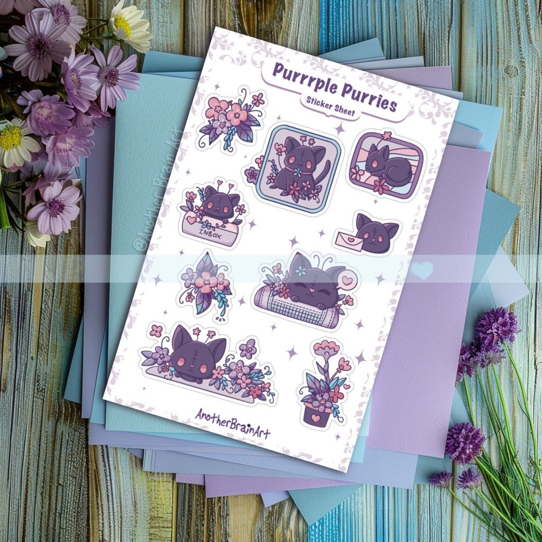 Purple Kitties Sticker Sheet – Kawaii Cat & Floral Stickers - Etsy