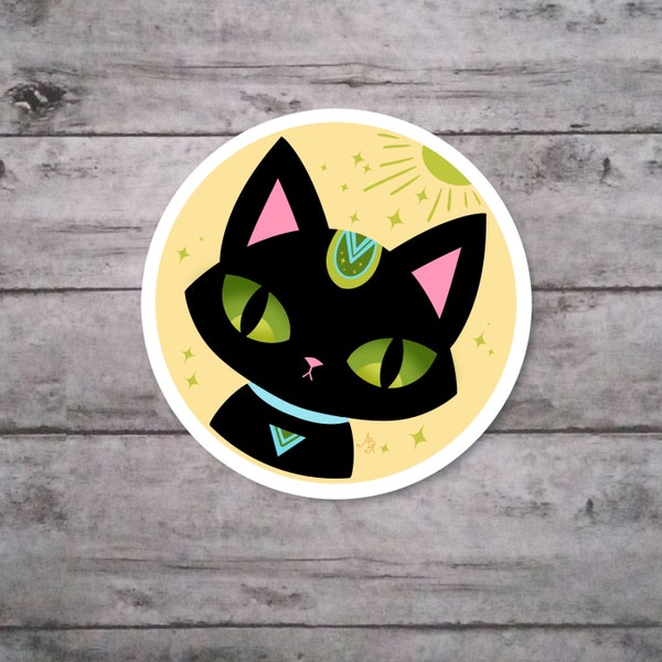 Retro Atomic Cat Face Sticker - Glossy Water Resistant Sticker of Space Age Atomic Black Cat with Stars Decal for Journals Scrapbooks