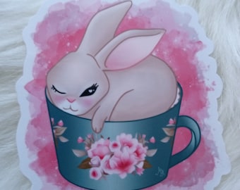 Cute Baby Bunny in a Teacup Sticker, Sleepy Bunny Rabbit in Floral Mug Handmade Sticker - 1 Glossy Water Resistant Vinyl Decal Easter