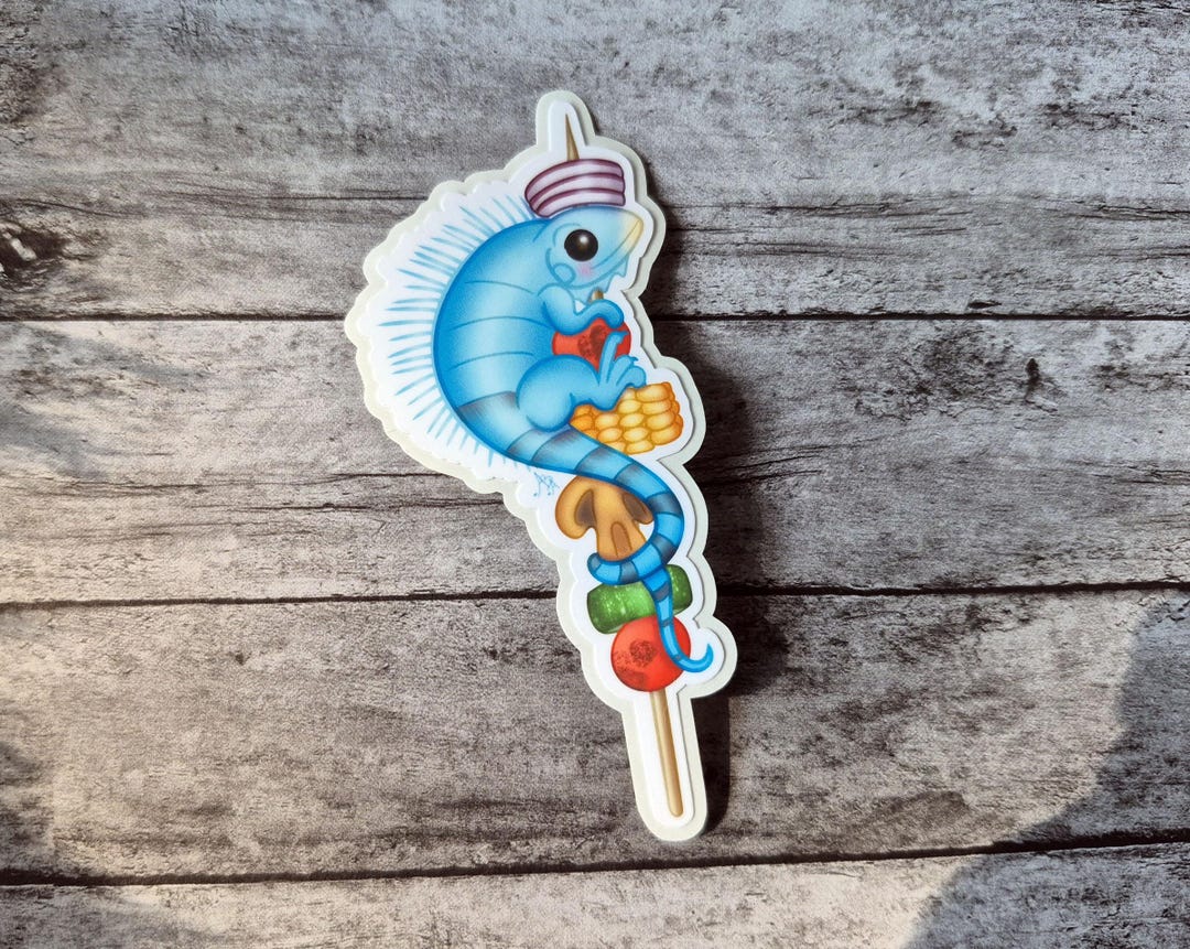 Kawaii Iguana Kabob Vinyl Sticker – Funny Food Decal, Hand-drawn Water ...