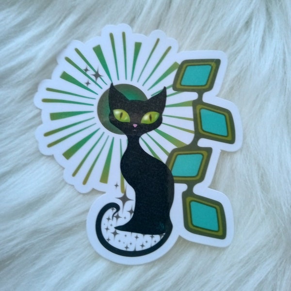 Retro Atomic Cat Vinyl Sticker - Glossy Water Resistant Sticker of Space Age Atomic Black Cat with Starburst Decal for Journals Scrapbooks