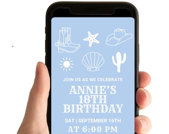 Cumpleaños de vaquera costera: Invitación playera, invitación para fiesta del oeste (descarga de video digital, plantilla de invitación)