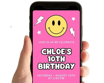 Invitación de cumpleaños con carita feliz: rosa y amarillo (plantilla de video musical digital)