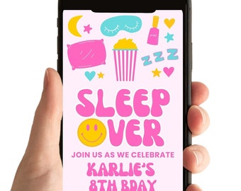 Overnachten: verjaardagsuitnodiging, Happy Face-uitnodiging slaapfeestje (geanimeerde digitale sjabloon)