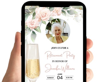 Invitación a fiesta de jubilación: oro rosa y champán, invitación a cena para jubilados (plantilla digital)