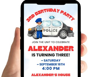 Invitación de cumpleaños de coche de policía: invitación para personal de emergencias, sonidos de sirena, temática policial (plantilla digital editable)