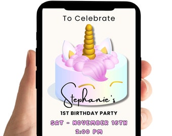 Invitación de cumpleaños de unicornio: pastel arcoíris animado y mariposa (plantilla digital)