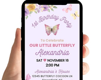 Invitaciones de mariposas: Fiesta de niñas, invitación de primer cumpleaños, diseño floral (plantilla digital animada)