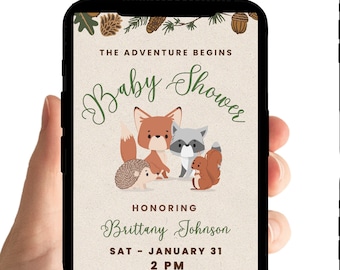 Invitación para baby shower con temática de bosque: animales del bosque, sorteo de pañales y libros (texto digital editable)