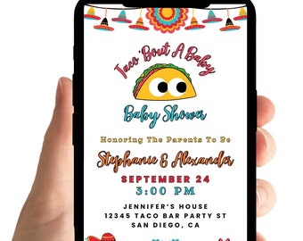 Invitación para baby shower "Taco Bout A": invitación para fiesta, libros y rifa de pañales (plantilla digital)