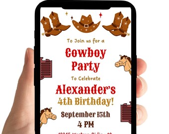 Invitación de vaquero: Fiesta de cumpleaños para niños, Rodeo del Viejo Oeste, Country (Plantilla digital animada, editable)