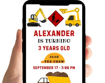 Cumpleaños con temática de construcción: Invitación a fiesta de cumpleaños con camión volquete, invitación para equipo de construcción de carreteras (plantillas digitales de vídeo, volquete)