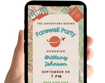 Fiesta de despedida: invitación, mapa de viaje, equipaje, avión (plantillas de invitación, música, formato digital)