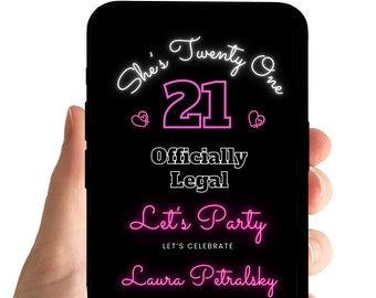 Invitación neón para 21 cumpleaños: invitación para fiesta Twenty One (edición digital, plantilla de video digital, música)