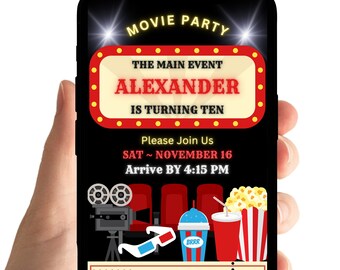 Invitación de cumpleaños de película: Luces, cámara y acción. Invitación al cine en el patio (plantilla digital).