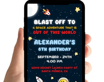 Musical Space Birthday Invitation, Outer Space Invite, Girl Boy Rocket Smile Face Bday, 6th Space Birthday Party Invitation Template Digital