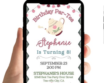 Cumpleaños con temática de té: Invitación a fiesta, invitación a la merienda, macarons, tazas (plantilla digital editable, música)