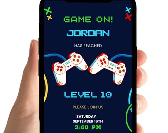 Invitación de cumpleaños para videojugador: Fiesta de nivel superior (Plantilla digital animada)