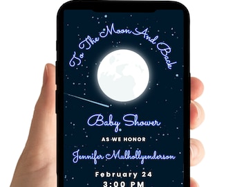 Invitación celestial para baby shower: "A la luna y de regreso", estrellas (musical, plantillas)