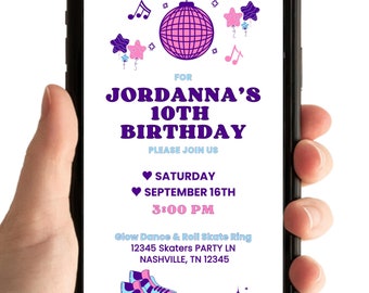 Fiesta de patinaje sobre ruedas: Invitación de cumpleaños, invitación musical "Let's Roll", para niñas de 8.º y 10.º grado (Plantilla digital)