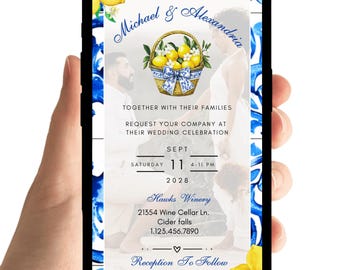 Invitación de boda italiana: Limón mediterráneo, azulejo azul (sitio web con seguimiento de RSVP, plantilla interactiva)