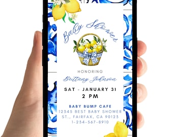 Invitación italiana: estilo mediterráneo, para baby shower con temática de limones, con diseño de azulejos (seguimiento interactivo de confirmación de asistencia en el sitio web, plantillas).