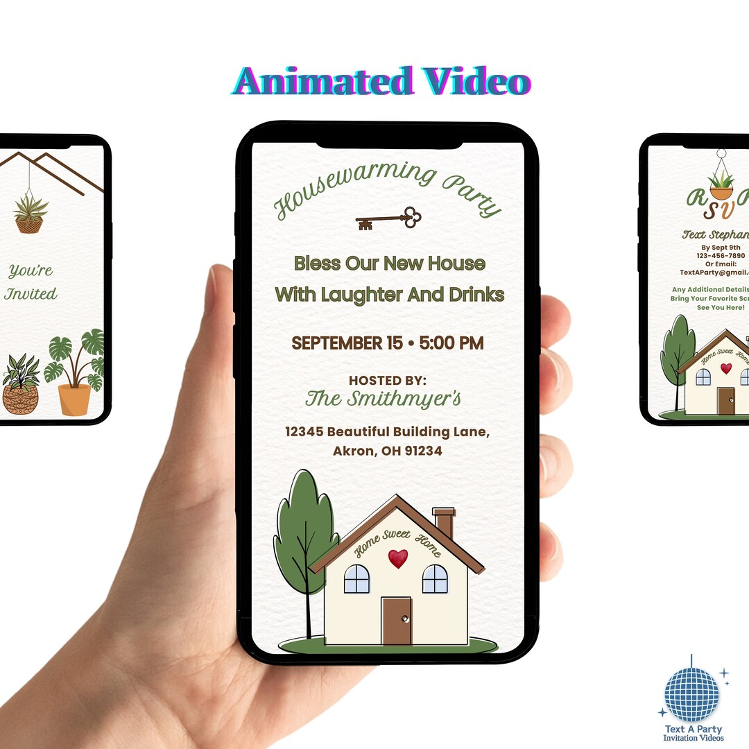 Animated Housewarming Invitation: New Home Party, Key & Plants Theme ...