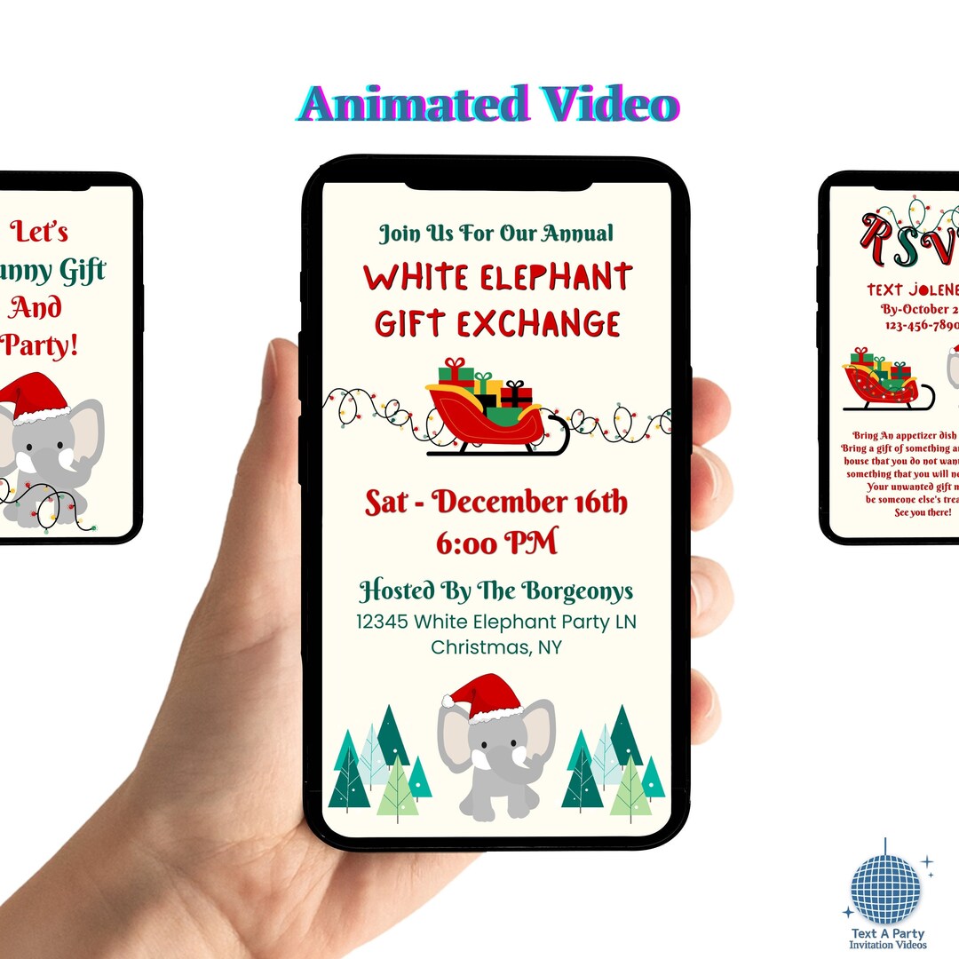 Animated White Elephant Party Invitation, Video Text Invite, Christmas