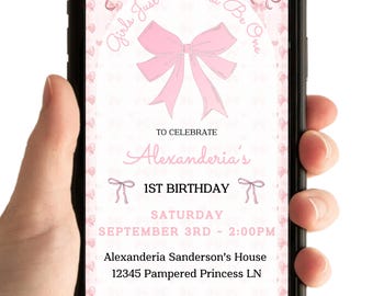 Invitación con lazo: Primer cumpleaños, invitación coqueta, rosa (plantilla musical, descarga digital)